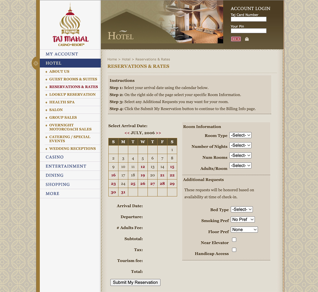 Trump Taj Mahal Reservation Page, 2006