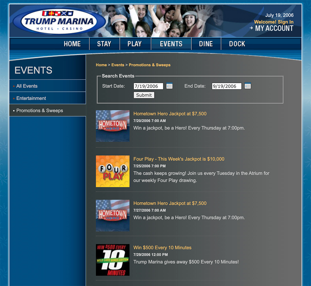 Trump Marina Promotions Page, 2006