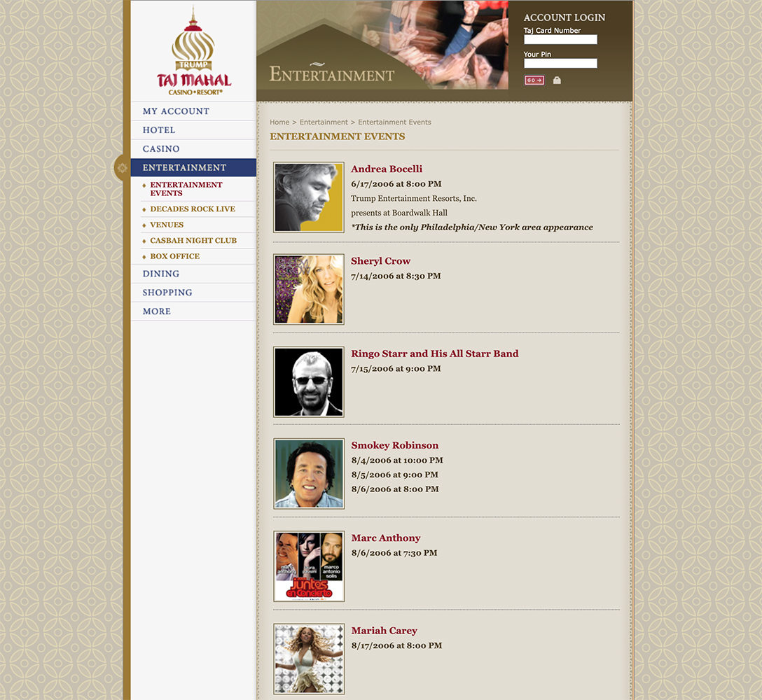 Trump Taj Mahal Entertainment Page, 2006